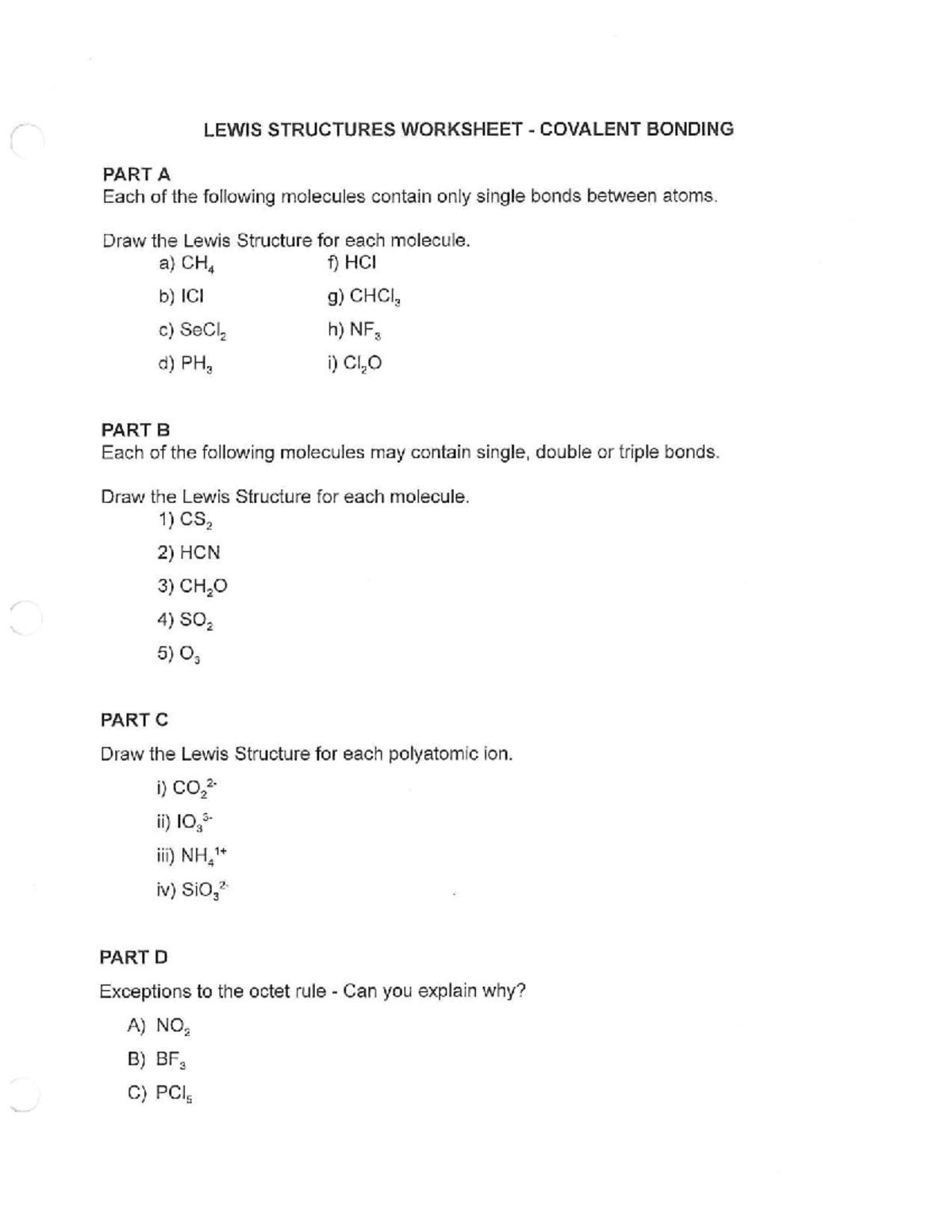 LEWIS STRUCTURES WORKSHEET: COVALENT BONDING PART A-D - Studocu
