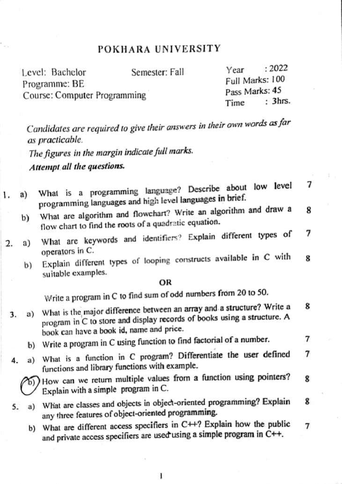 Computer Programming Past Questions - BE 2022/2024 - Studocu