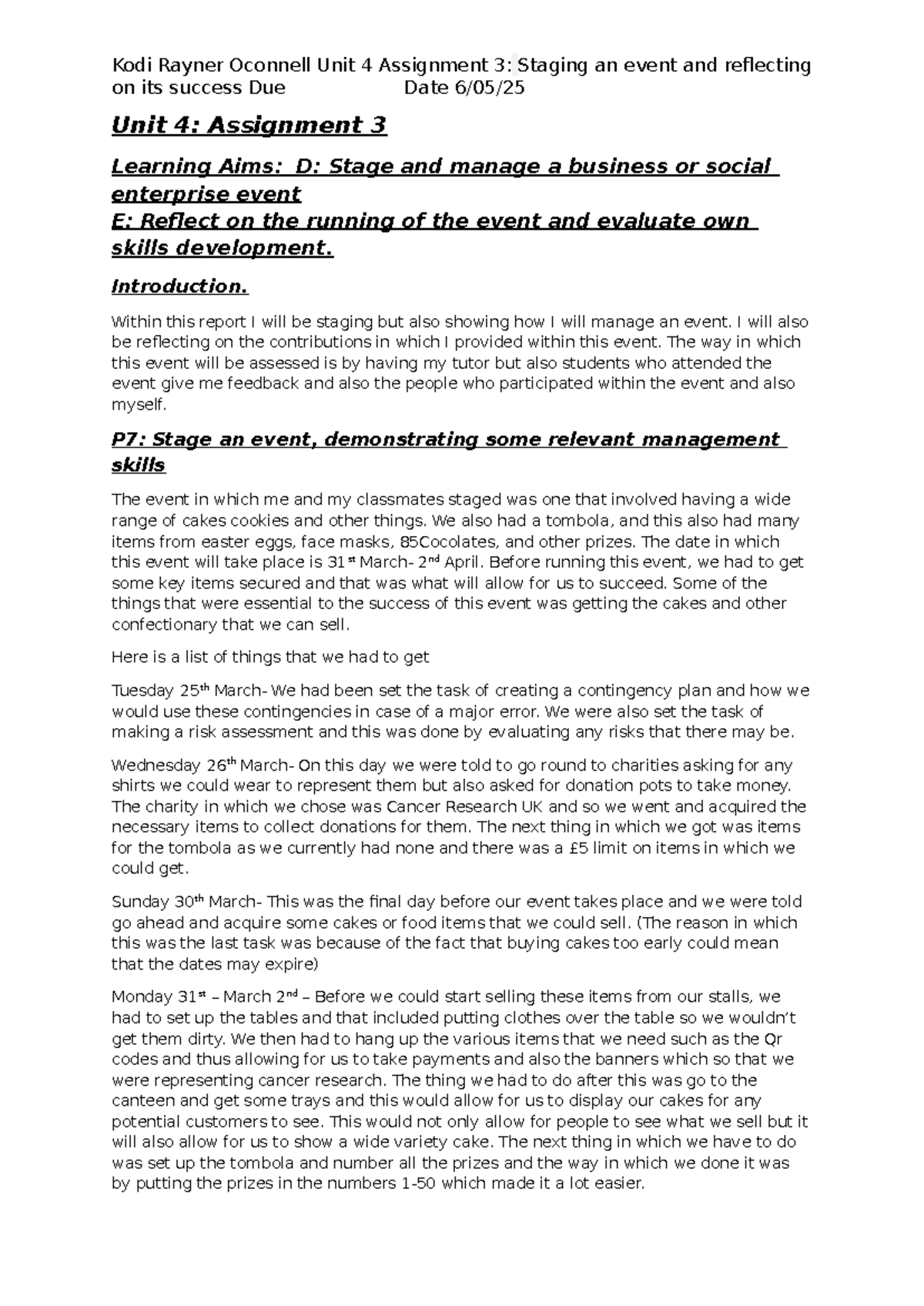 Unit 4 Assignment 3: Event Staging and Reflection on Success - Studocu