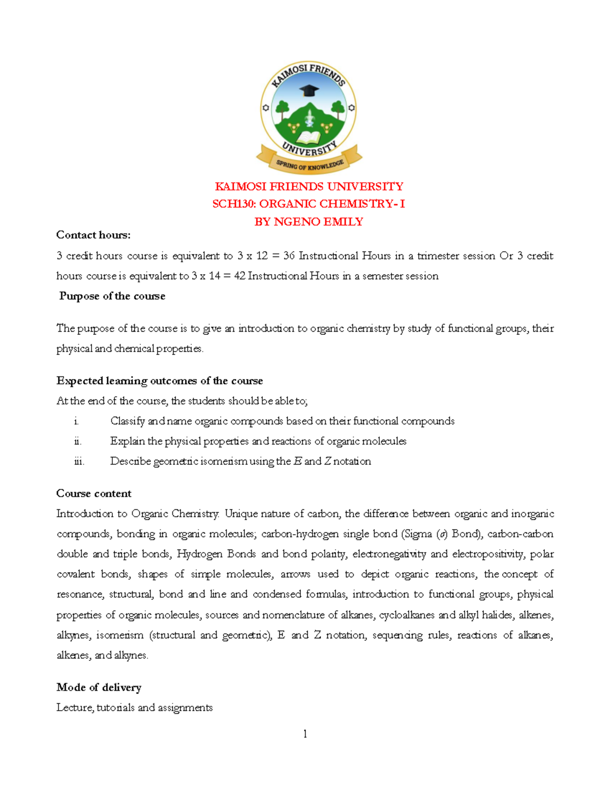 **SCH 130 Organic Chemistry I Notes - 2024/2025 Semester** - Studocu