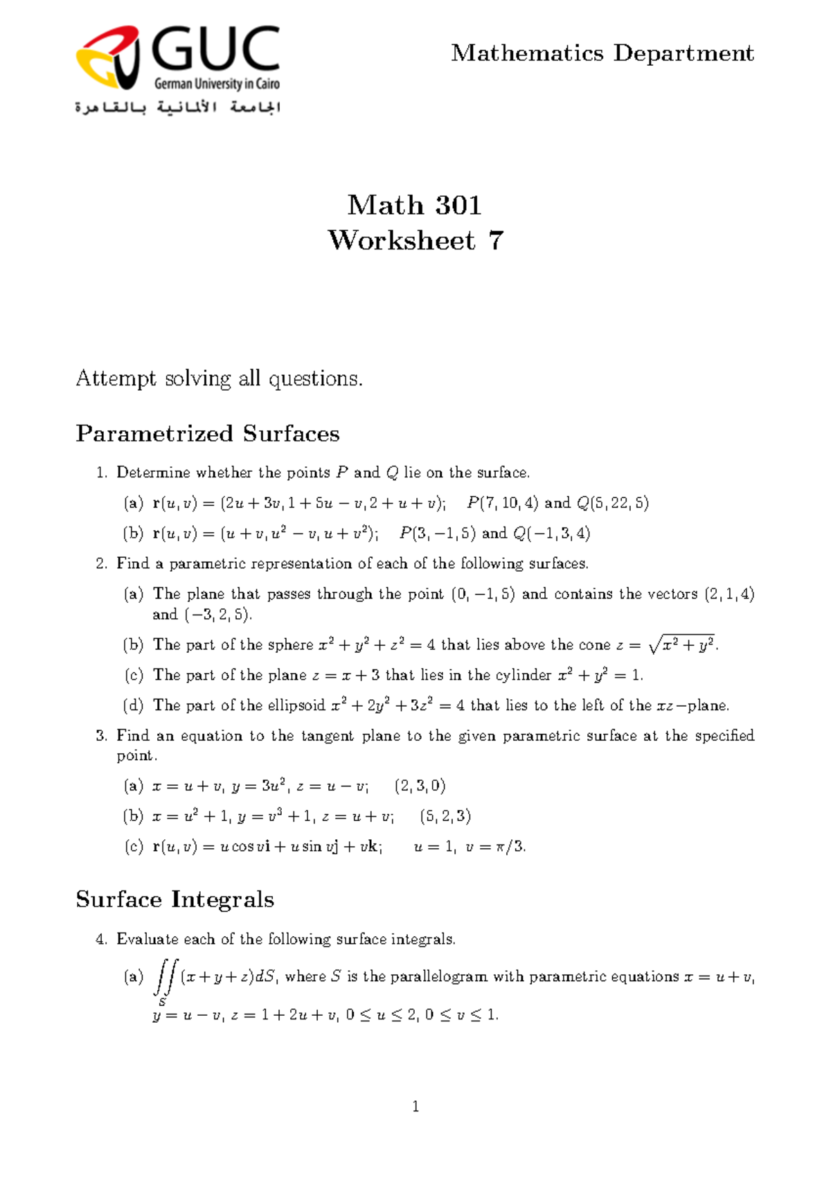 Math 301 Worksheet 7: Parametrized Surfaces and Integrals - Studocu