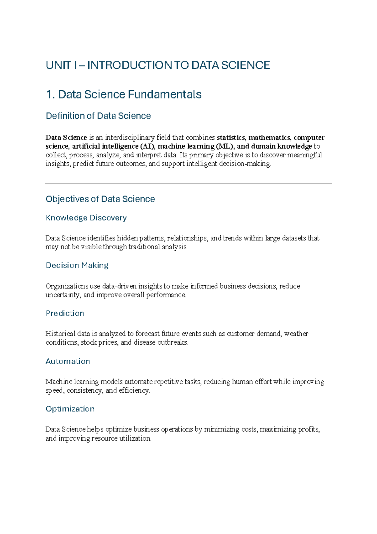UNIT I: INTRODUCTION TO DATA SCIENCE - Summary Notes - Studocu