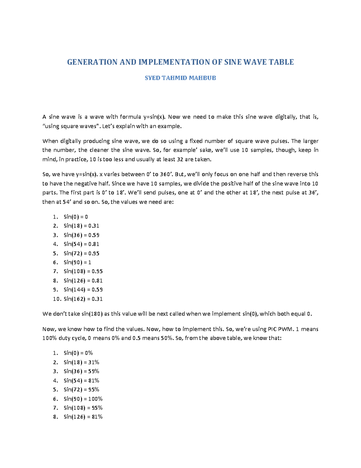 SINE WAVE TABLE GENERATION & IMPLEMENTATION - SYED TAHMID MAHBUB ...