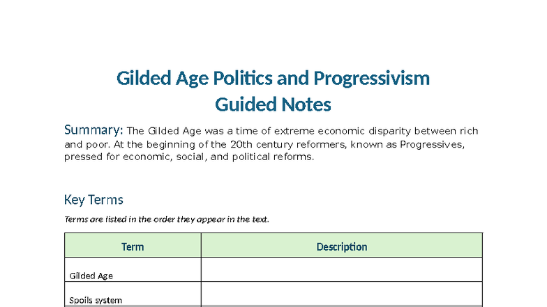 Gilded Age Politics & Progressivism Guided Notes Summary (HIST 101 ...