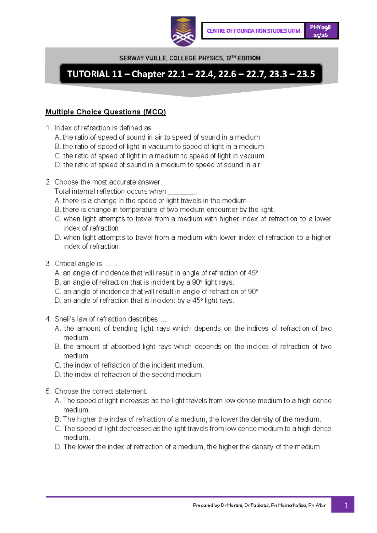 PHY098 Tutorial 11: MCQs & Structured Questions on Refraction - Studocu