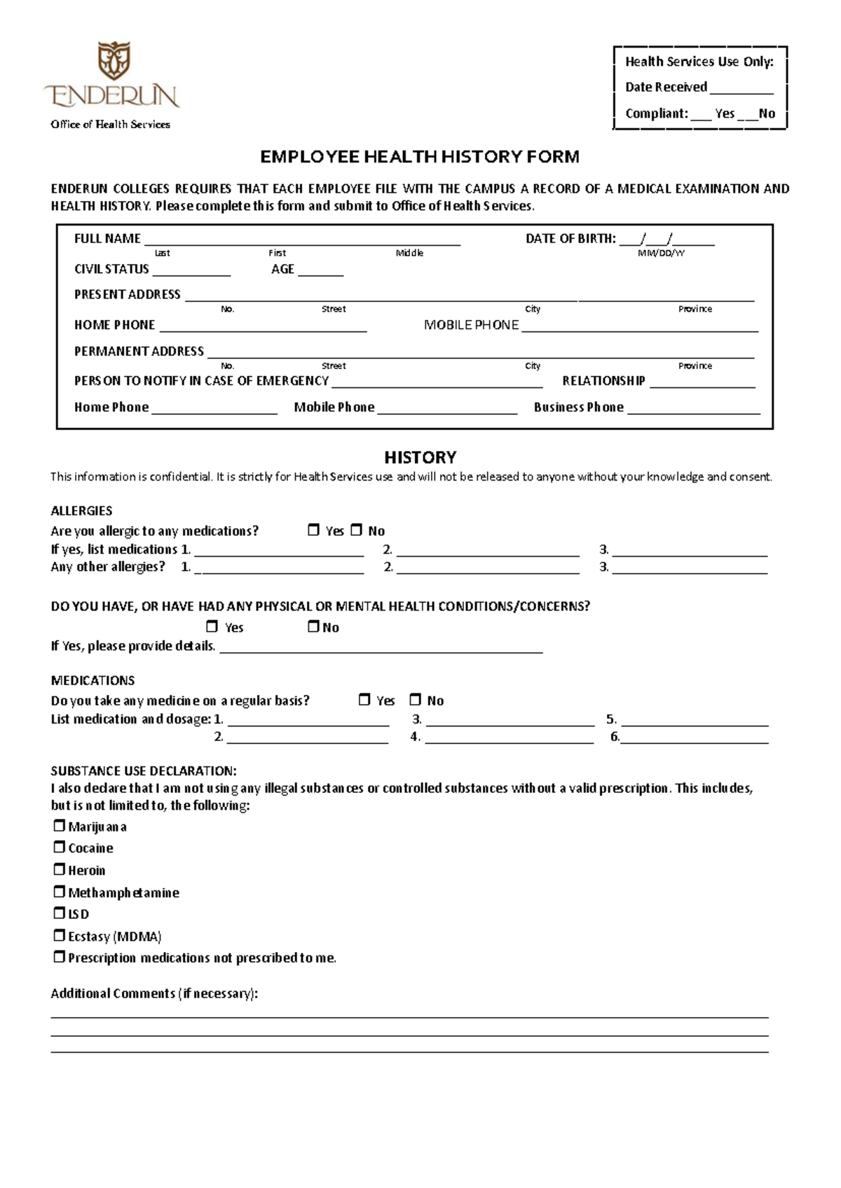HS-F-08 Employee Health History Form - Health Services Use Only: Date ...
