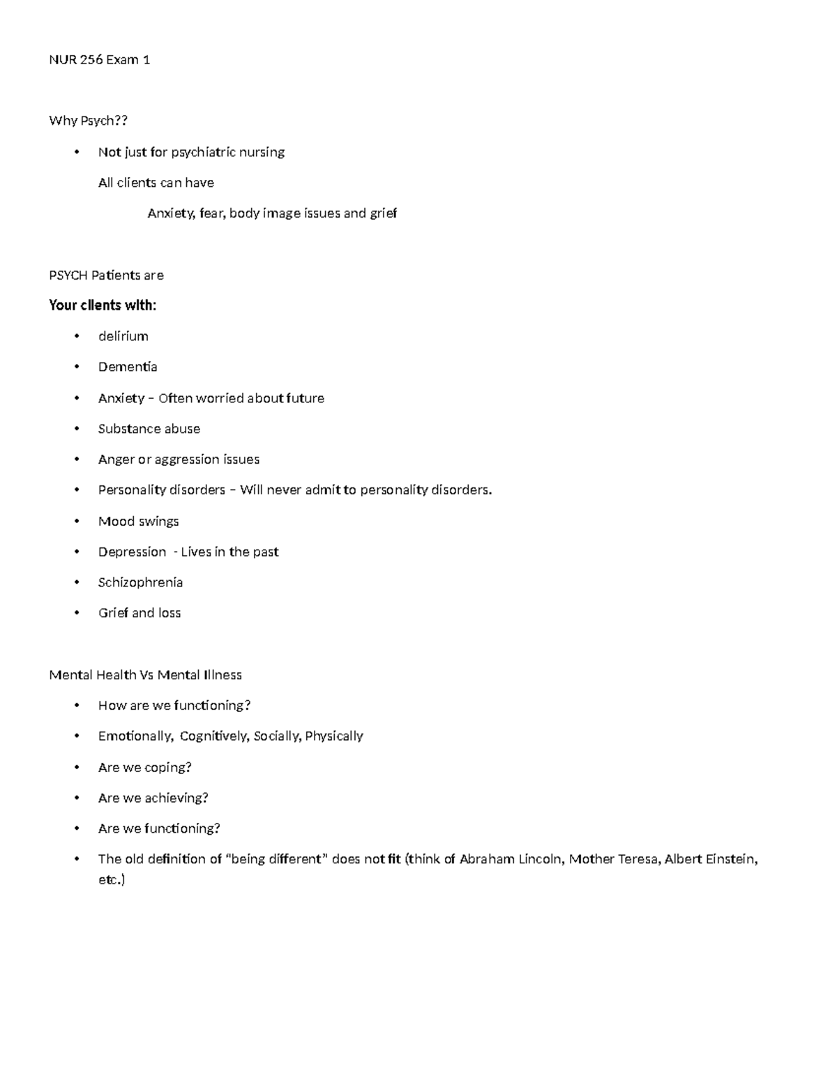 NUR 256 Exam 1 Study Notes: Key Concepts in Mental Health Nursing - Studocu