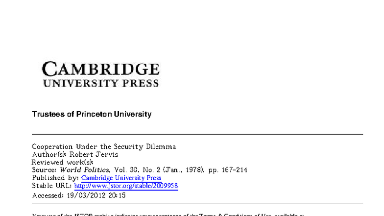 Cooperation Under the Security Dilemma: Insights from Robert Jervis ...