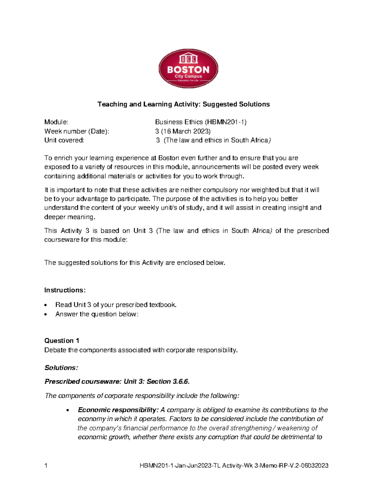 HBMN201 Week 3 Activity Memo: Corporate Responsibility Solutions - Studocu