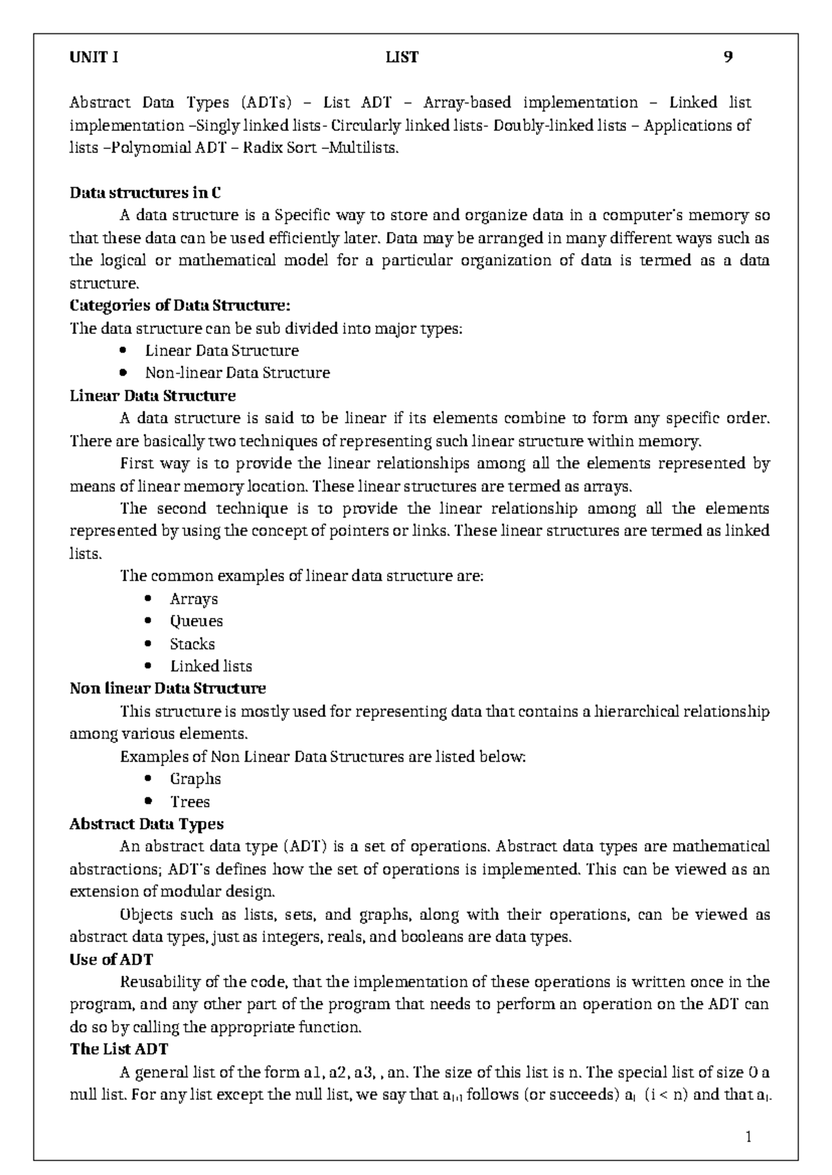 UNIT I: Abstract Data Types (ADTs) and List Implementations in C - Studocu