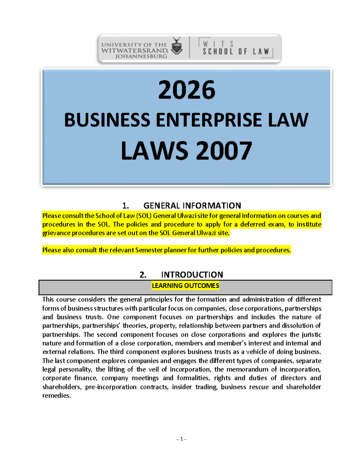 2026 Business Enterprises Course Outline - LAWS 2007 - Studocu