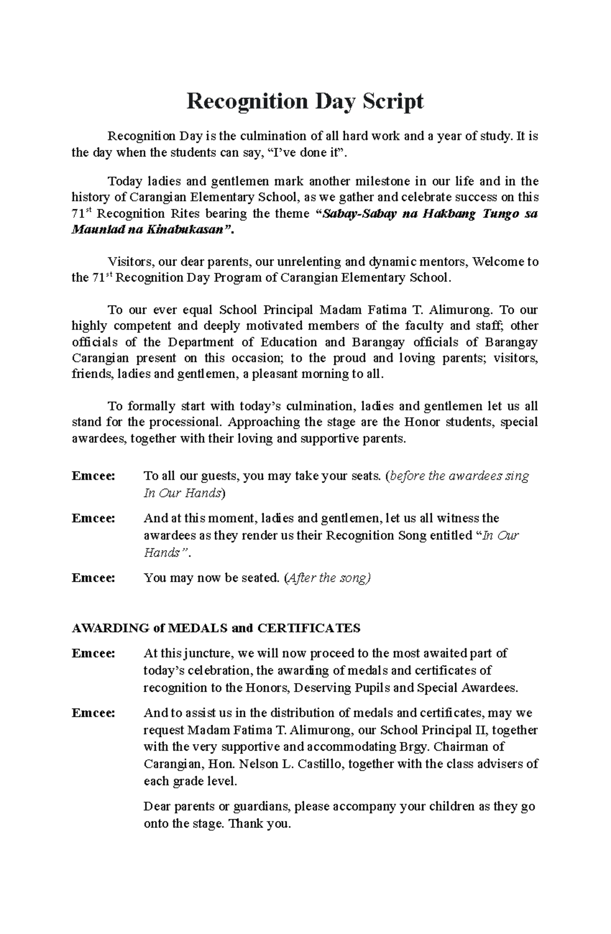 Recognition Day Script for Carangian Elementary School - Studocu