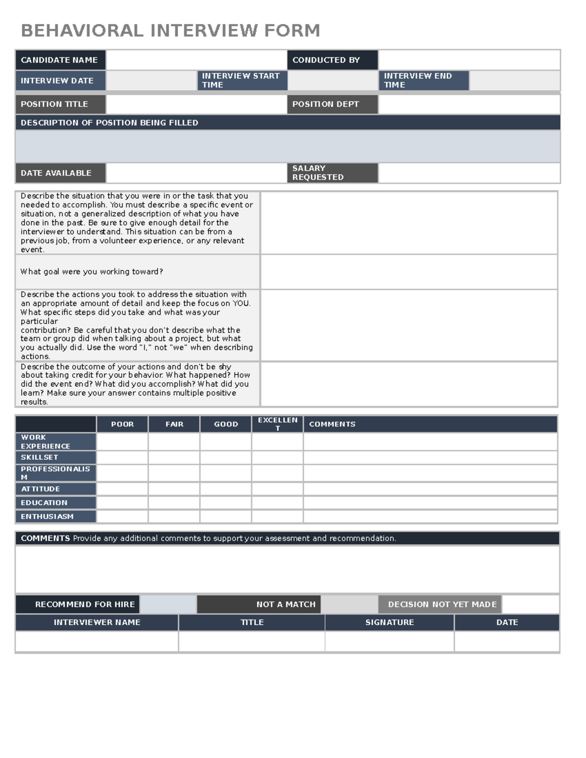 Behavioral Interview Form for Applicants: Assessment and Evaluation ...