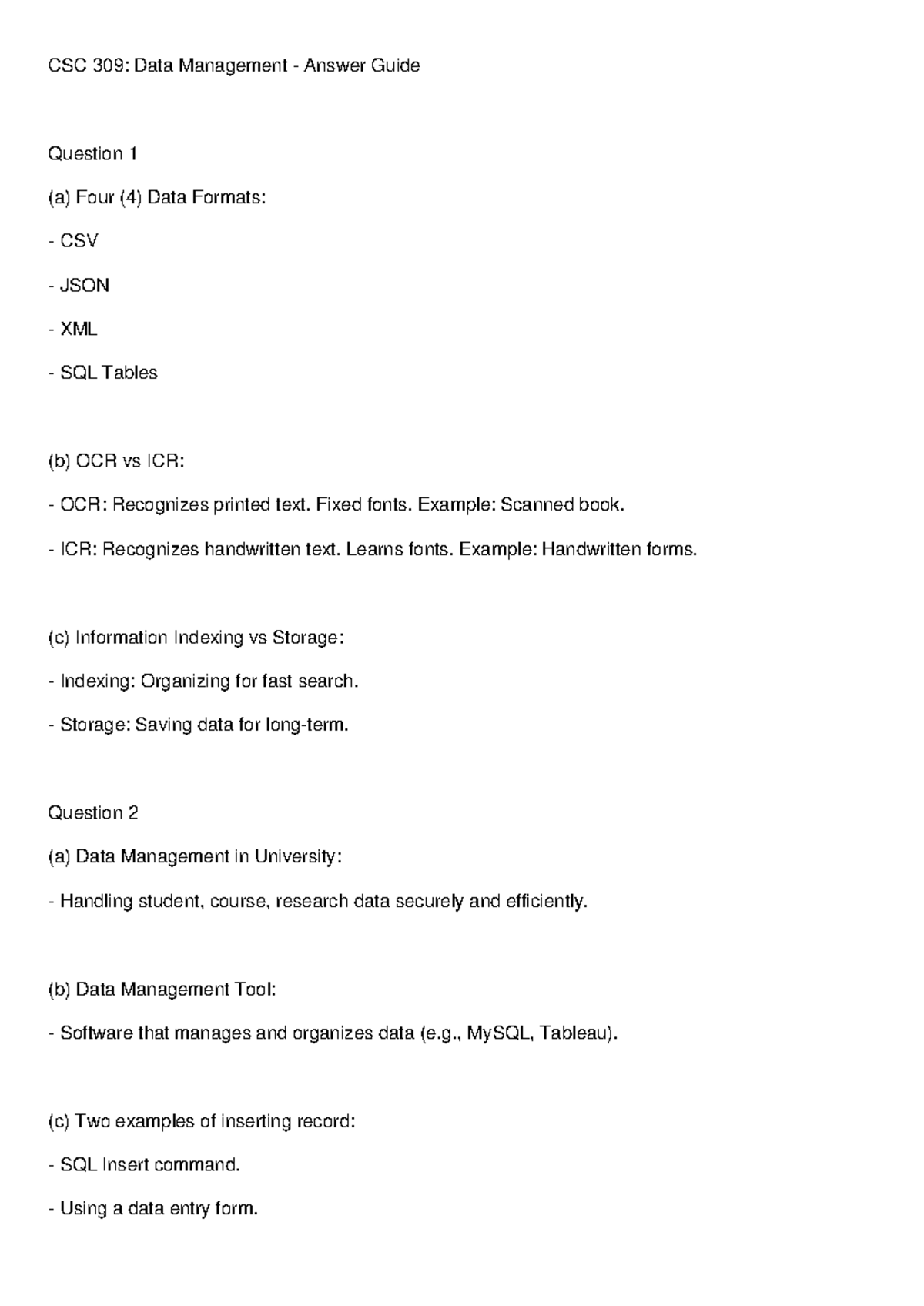 CSC 309: Data Management Answer Guide for Exam Questions - Studocu
