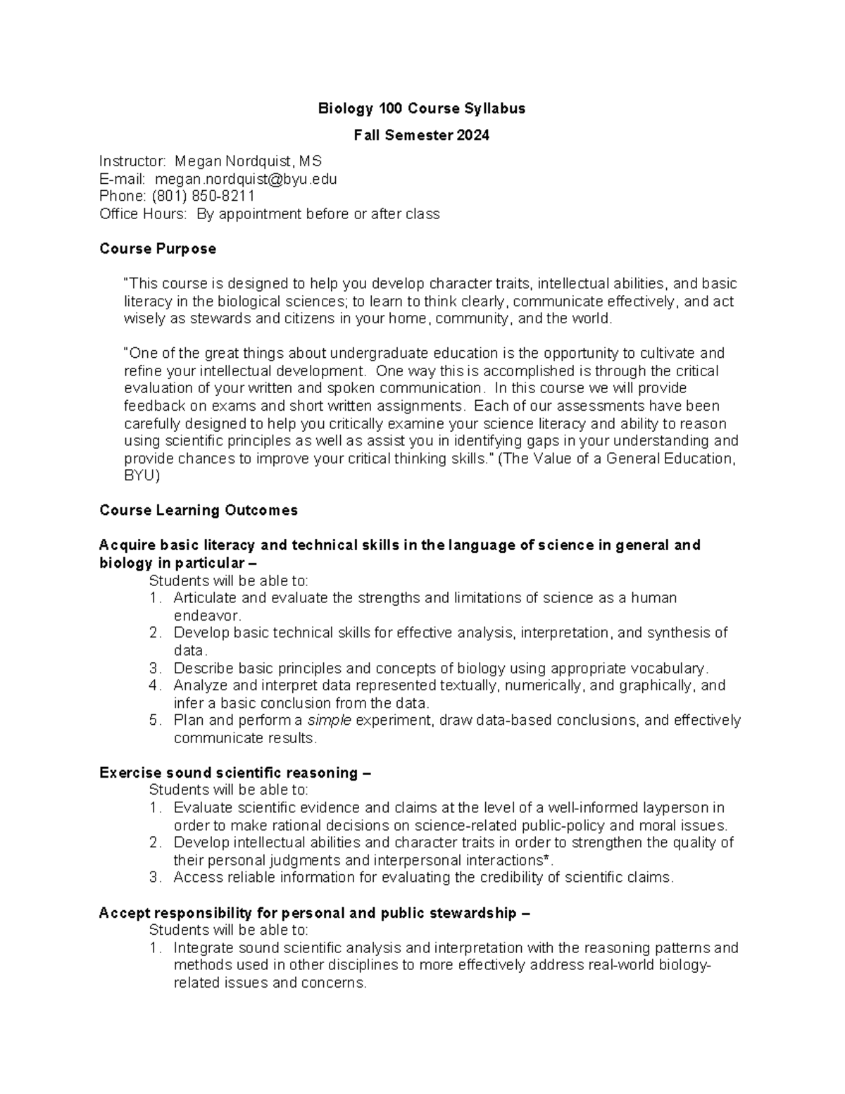 Bio 100 Fall 2024 Comprehensive Course Syllabus and Guidelines - Studocu