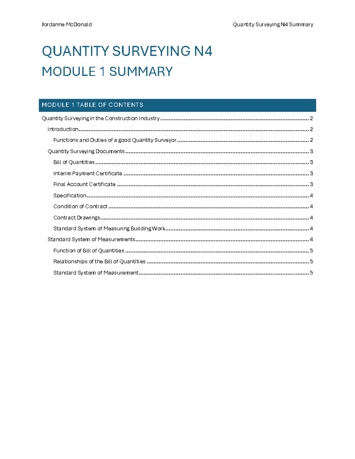 Quantity Surveying N4: Comprehensive Module 1 Summary - MODULE 1 ...