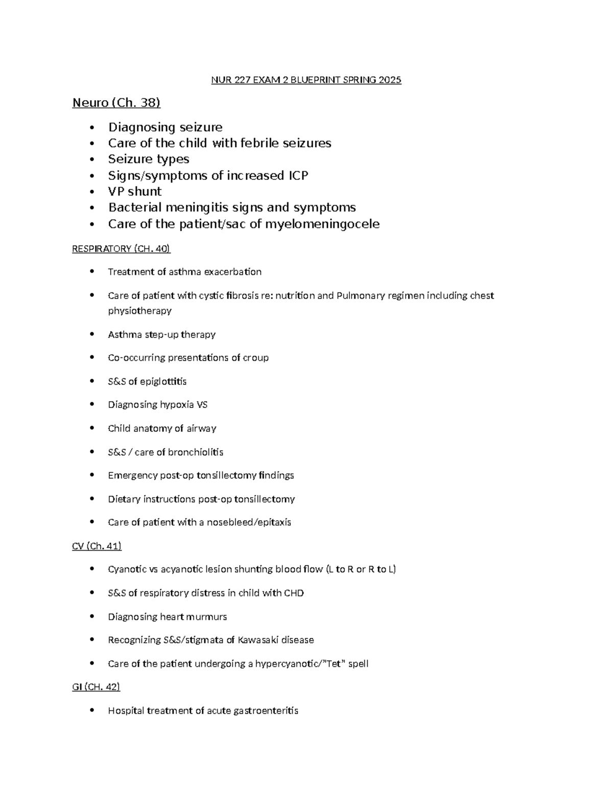 NUR 227 Exam 2 Blueprint Spring 2025: Key Topics & Guidelines - Studocu
