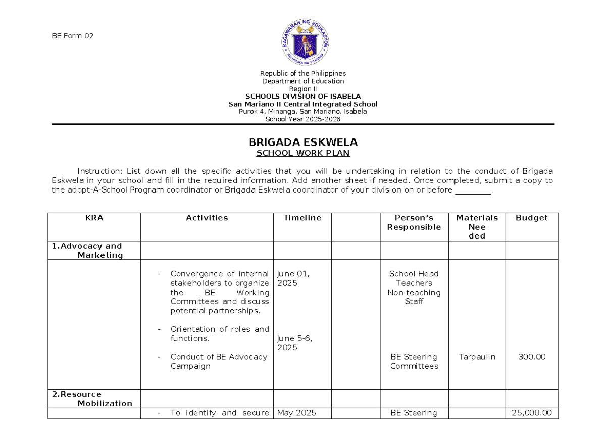 BE Form 02: Brigada Eskwela School Work Plan for SY 2025 - Studocu