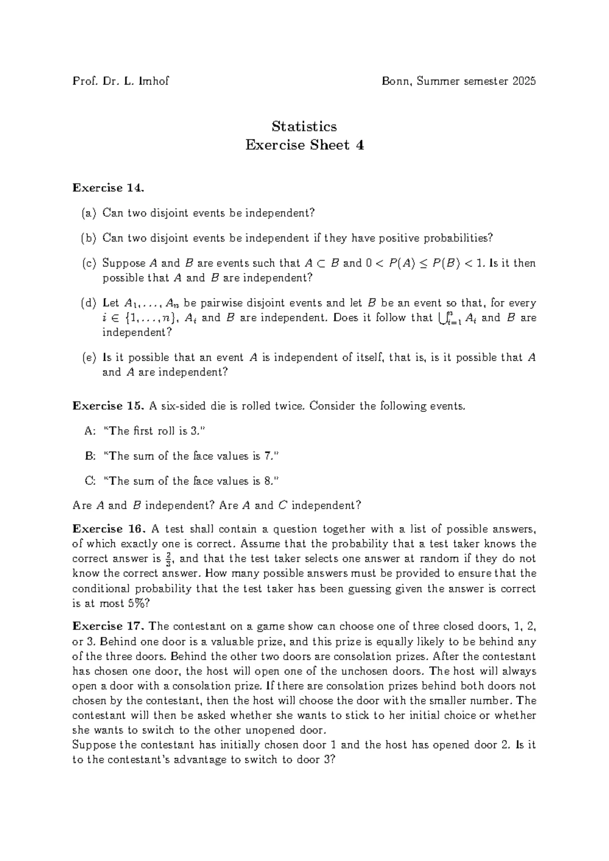 Statistics Exercise Sheet 6 - Prof. Dr. L. Imhof Bonn, Summer 2025 ...