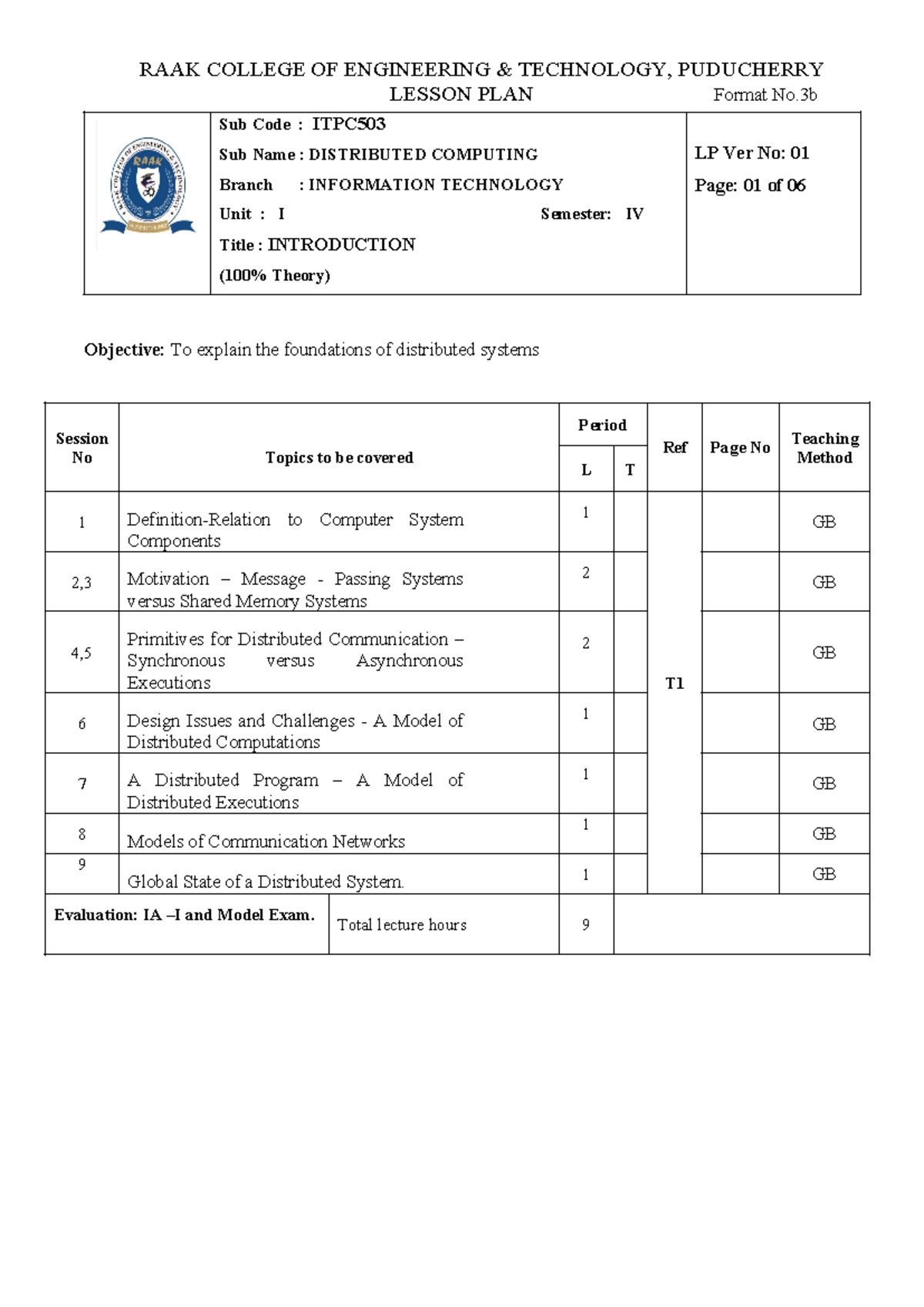 ITPC503 DISTRIBUTED COMPUTING Lesson Plan - III Year - Studocu