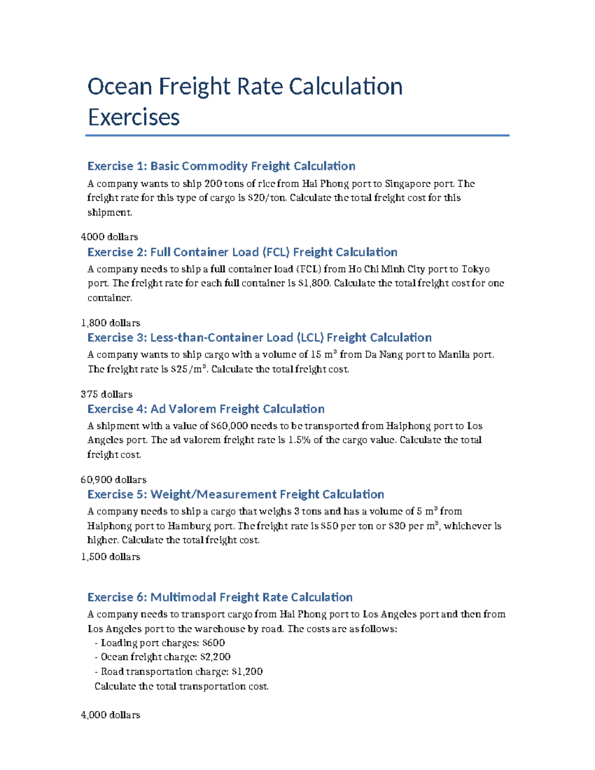 Ocean Freight Rate Calculation Exercises: Practice Problems - Studocu
