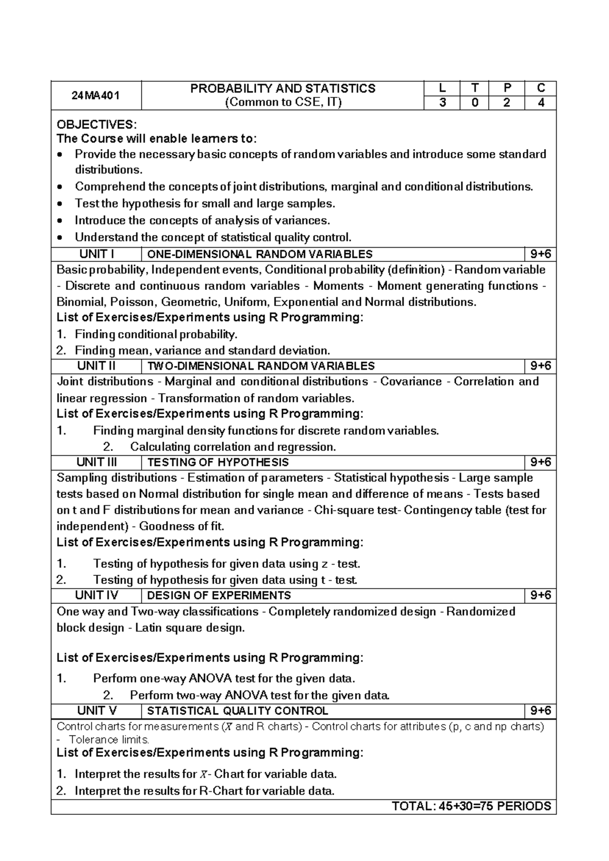 24MA401 Probability & Statistics Lab Notes for CSE & IT - Studocu