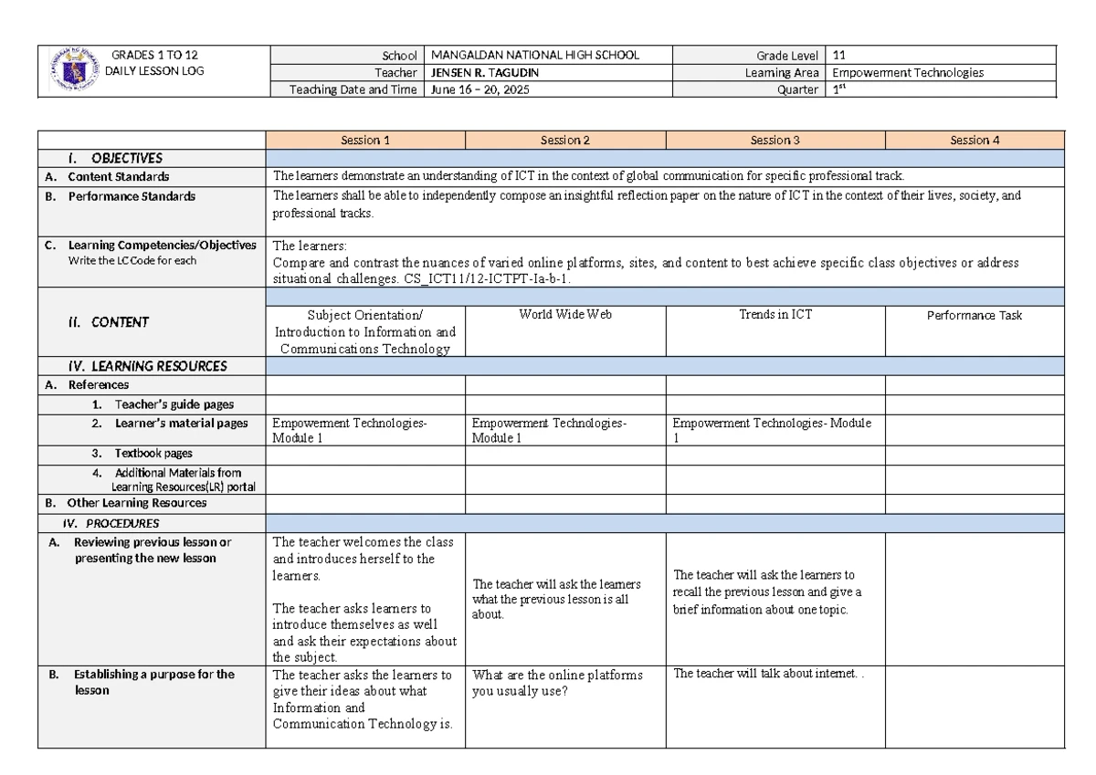 Etech- Lesson 2 Daily Lesson Log for Grade 11 Empowerment Tech - Studocu