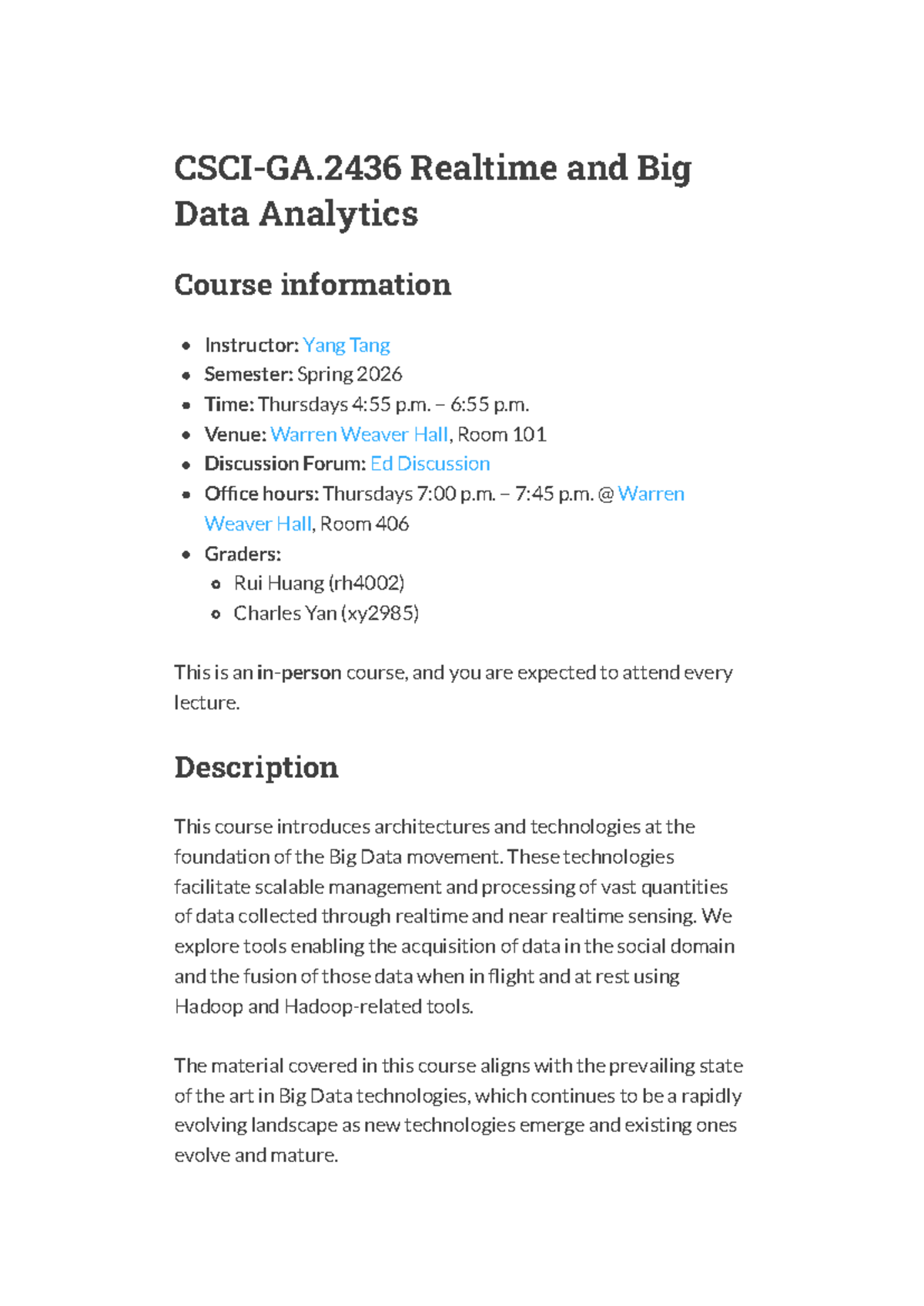 CSCI-GA.2436 Realtime & Big Data Analytics Course Overview Spring 2026 ...