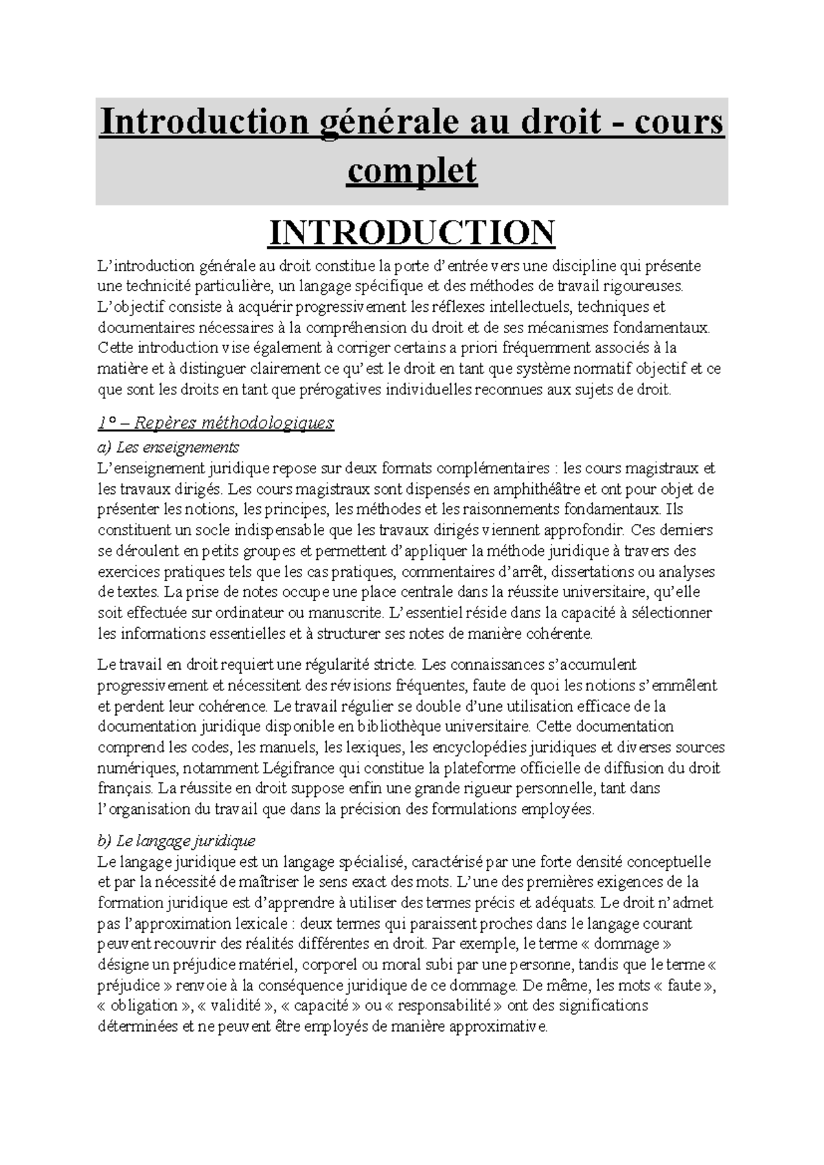 Cours Complet : Introduction Générale au Droit (DROIT101) - Studocu