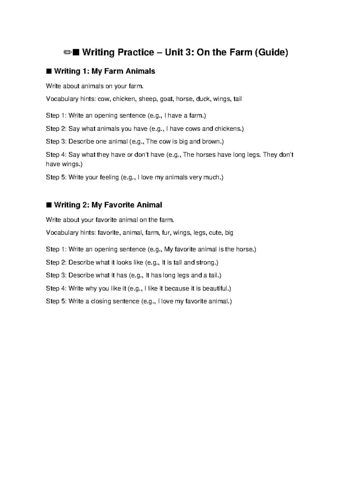 Writing Practice Unit 3: On the Farm (Guide) for Writing 1 & 2 - Studocu