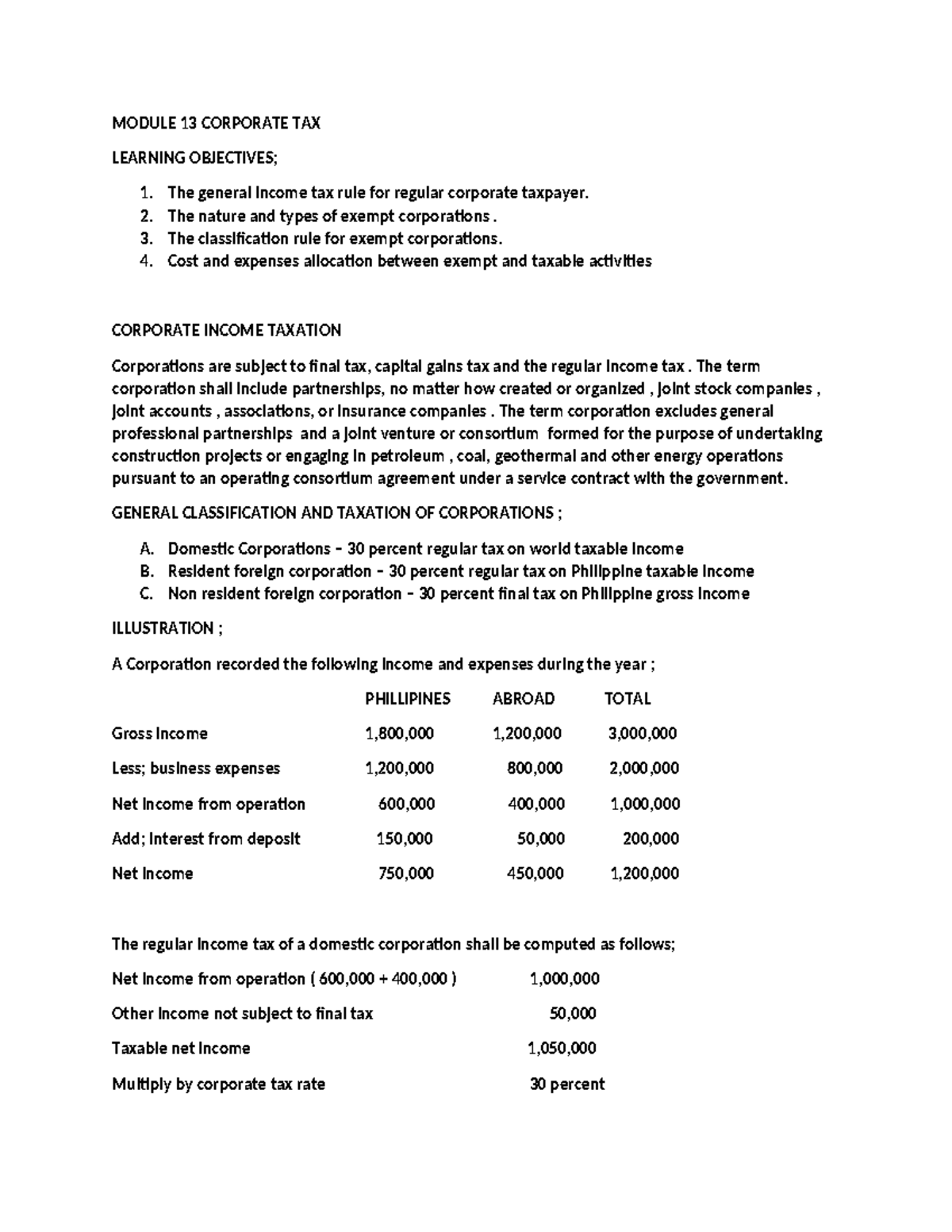 Module 13: Corporate Taxation Overview and Exemptions - Studocu