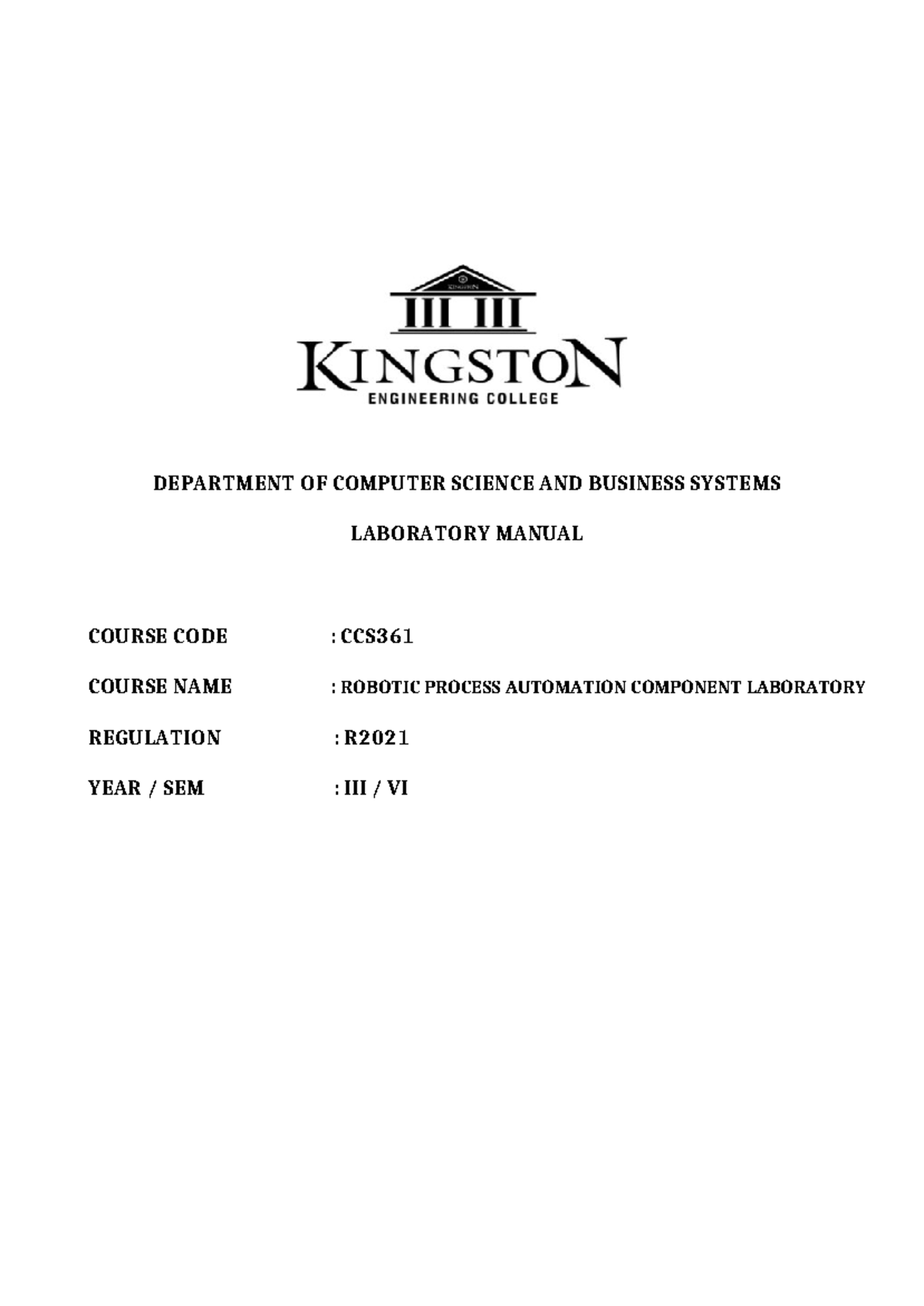 CCS361 Robotic Process Automation Lab Manual: Experiments Guide - Studocu
