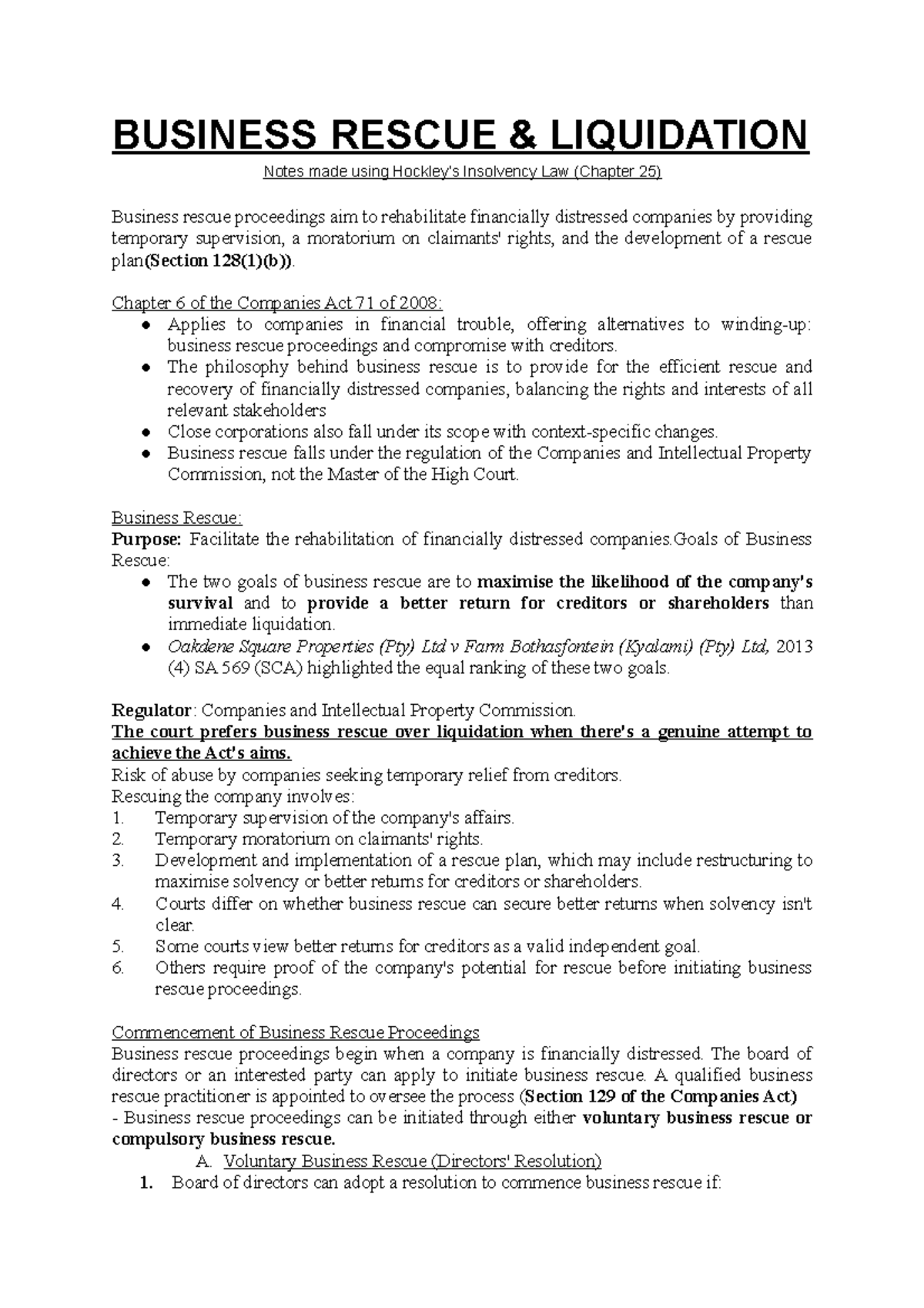 BUS301: Business Rescue Proceedings Study Notes and Key Concepts - Studocu