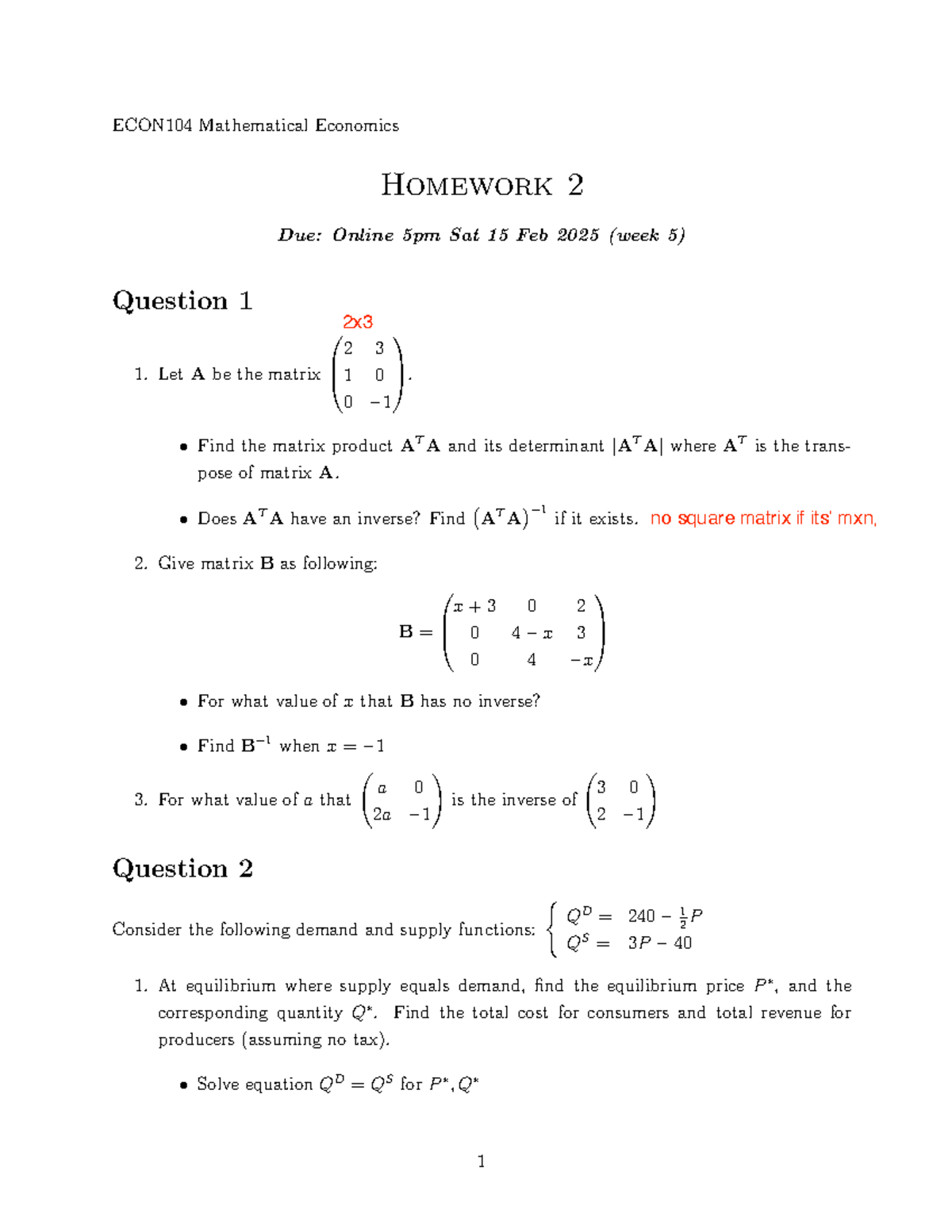 ECON104 Mathematical Economics Homework 2 Solutions and Analysis - Studocu