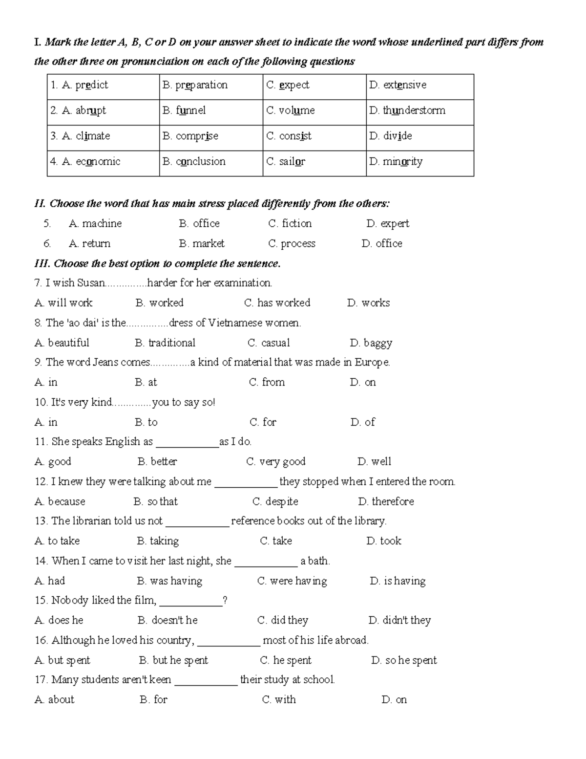 Đề 7 Lớp 9 - Practice on Pronunciation and Sentence Completion - Studocu