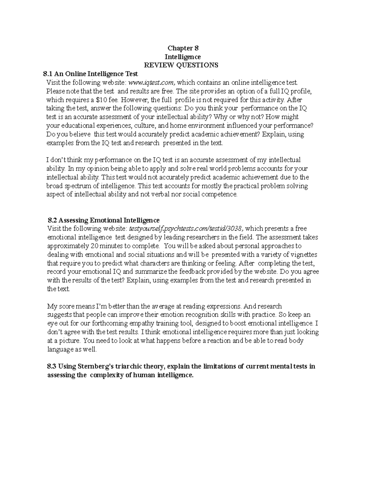 Chapter 8 Intelligence Review Questions & Insights on Assessments - Studocu