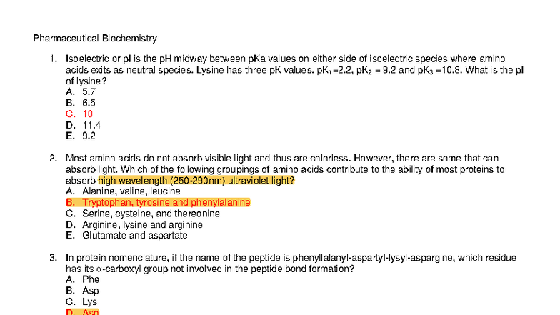 Biochemistry 1: Answer Key for Pharmaceutical Biochemistry Exam - Studocu