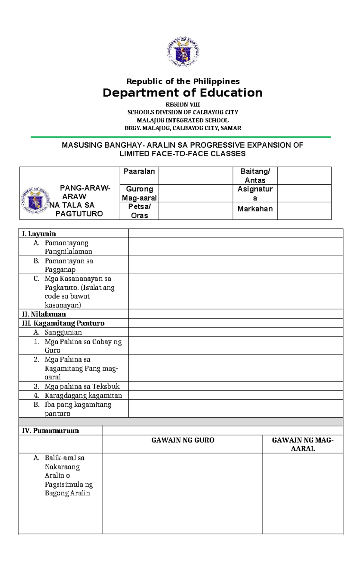 Detailed Lesson Plan Format in Filipino for Limited Classes - Studocu