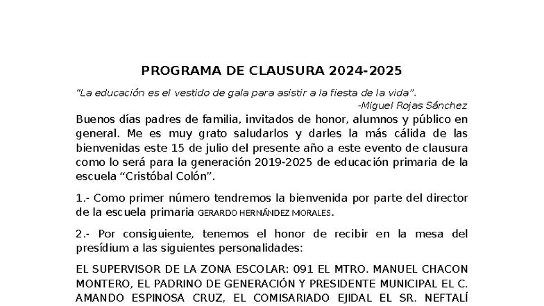 Programa de Clausura 2024-2025: Celebración de Logros Académicos - Studocu