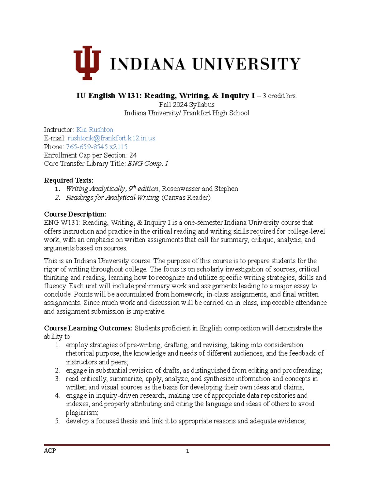 ENG W131 Fall 2024 Syllabus: Reading, Writing, & Inquiry I Overview ...