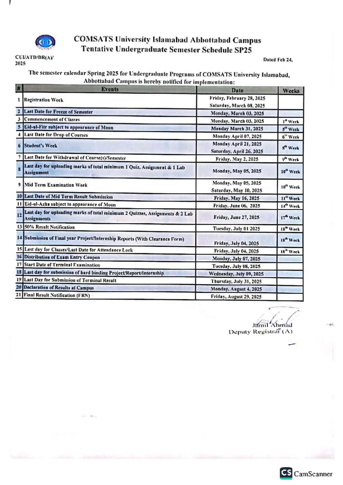 Tentative Undergraduate Semester Schedule SP25 - Spring 2025 - Studocu