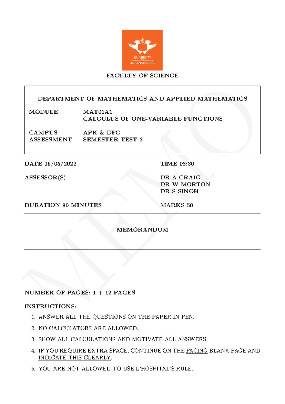 MAT01A1 2022 ST2 Memo - for practicing maths - MEMO FACULTY OF SCIENCE ...
