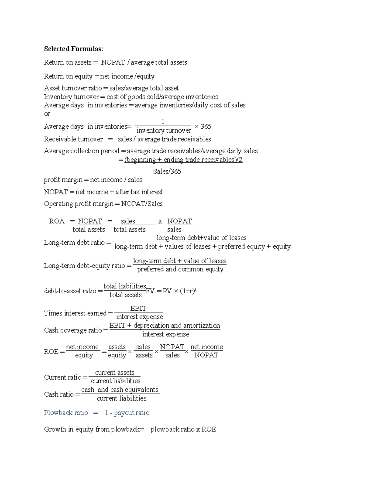 Formula Sheet: Key Financial Ratios and Metrics for Analysis - Studocu