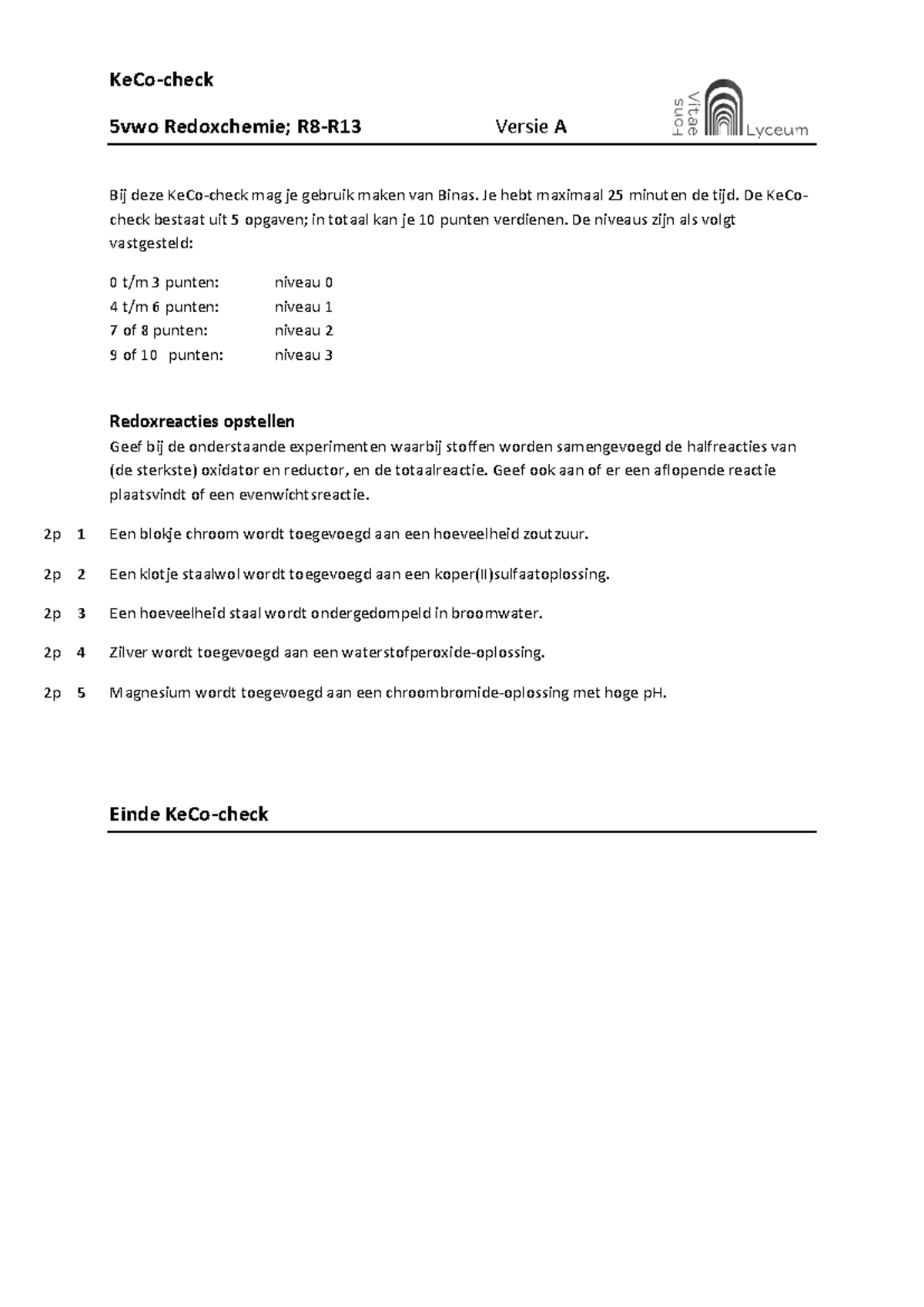 KeCo-check Redoxchemie R8-R13 Versie A - 5 VWO Opdrachten - Studeersnel