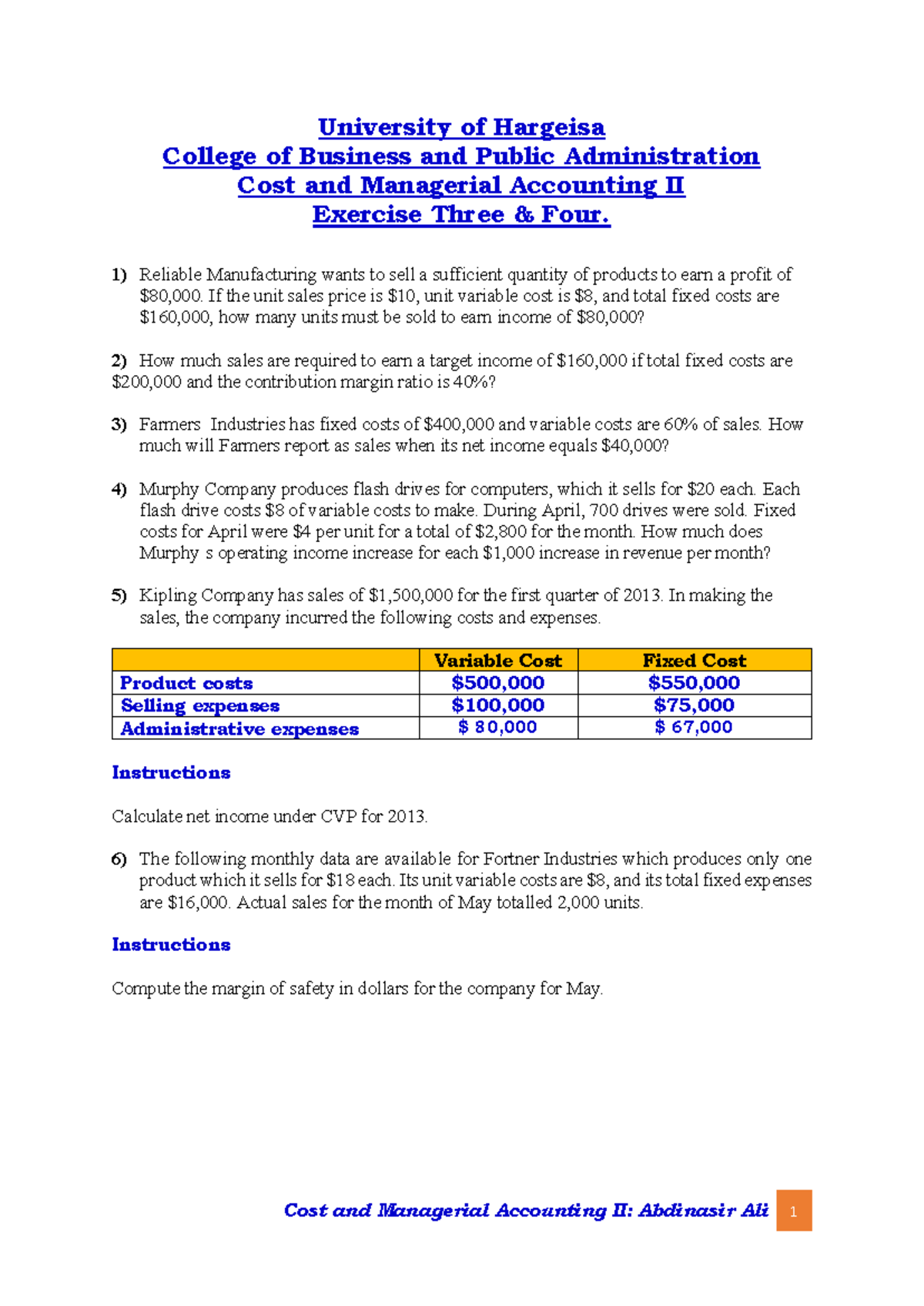 Cost and Managerial Accounting II: Exercises 3 & 4 Analysis - Studocu