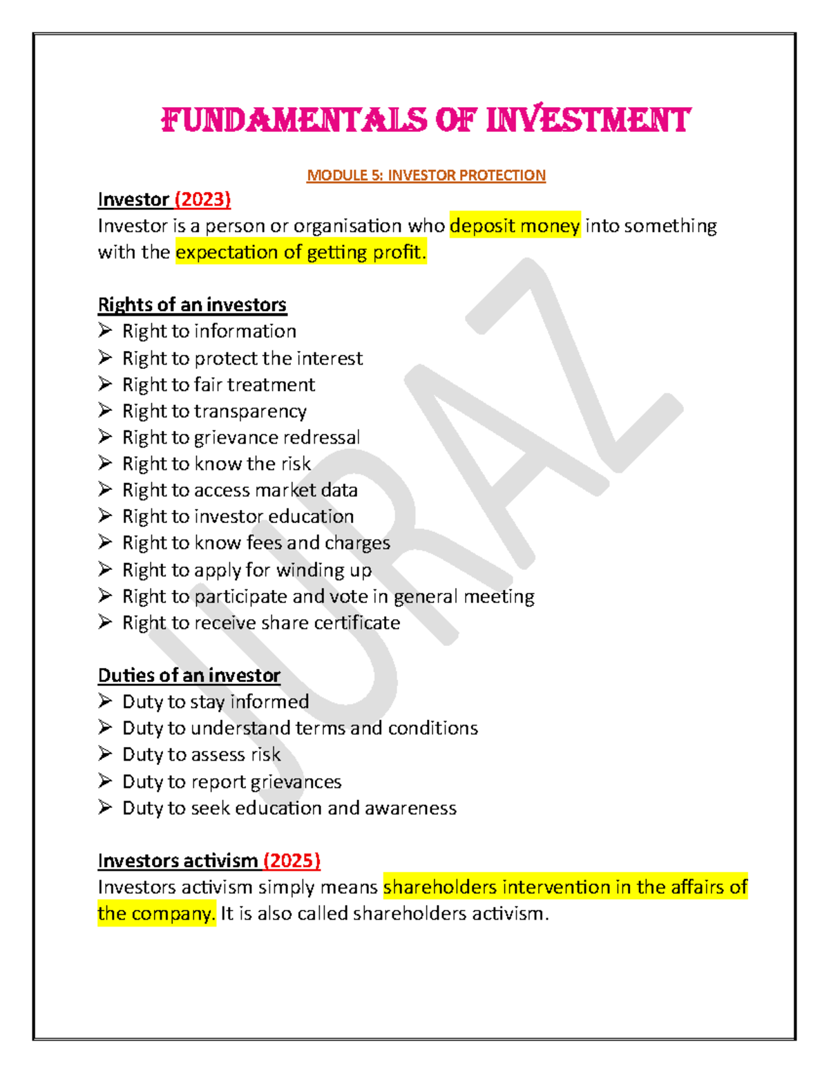 Fundamentals of Investment - Module 5: Investor Protection Notes - Studocu