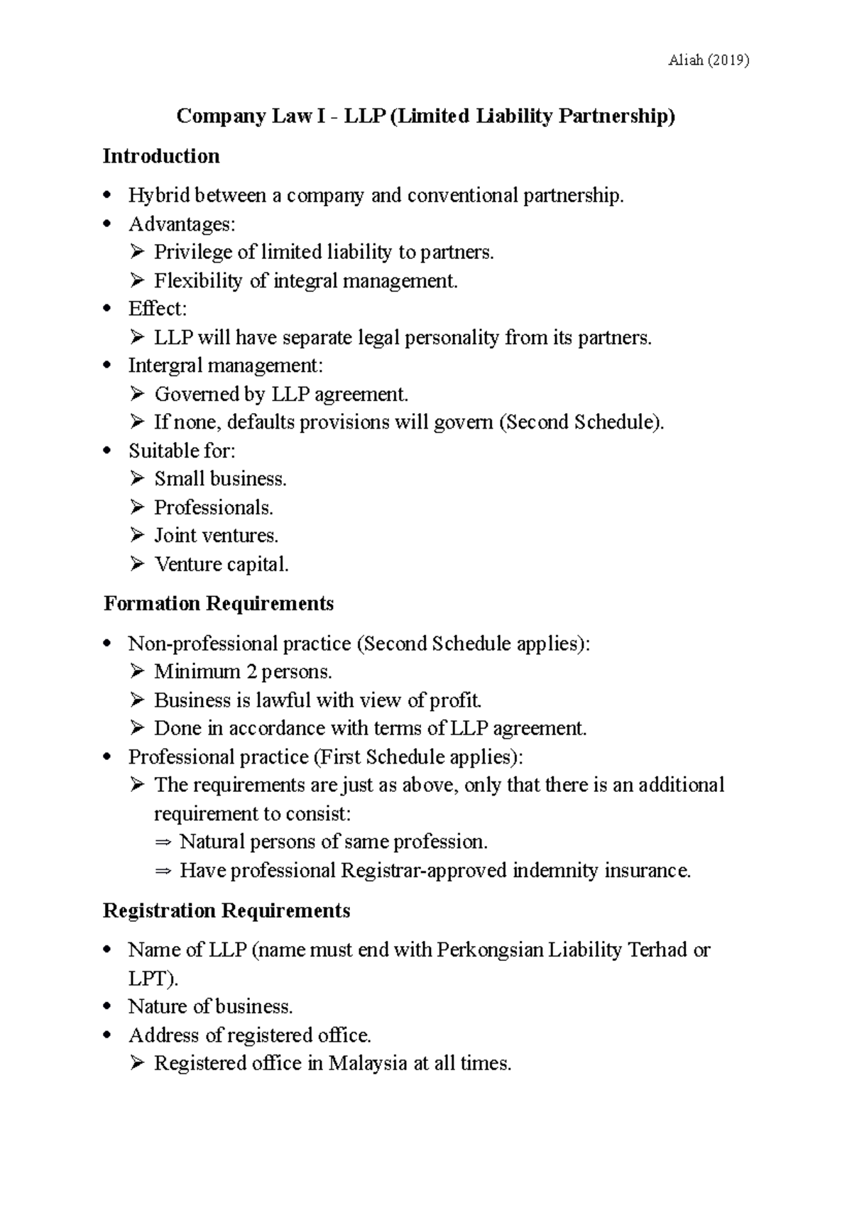 Company Law I - Limited Liability Partnership (LLP) - Aliah (2019) Company Law I - LLP (Limited ...