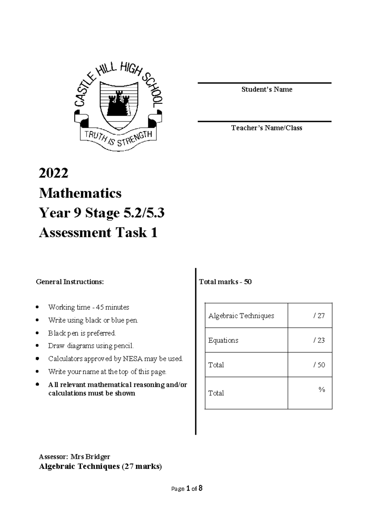Year 9 Mathematics Stage 5.2-5.3 Assessment Task 1 Instructions - Studocu