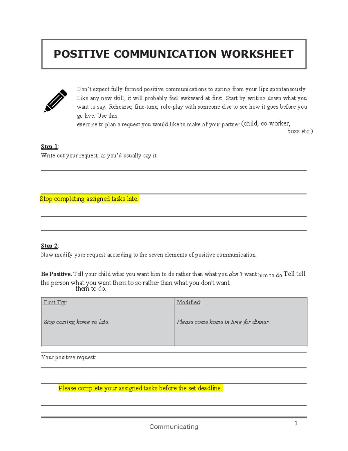Positive Communication Skills Worksheet for Effective Interactions ...