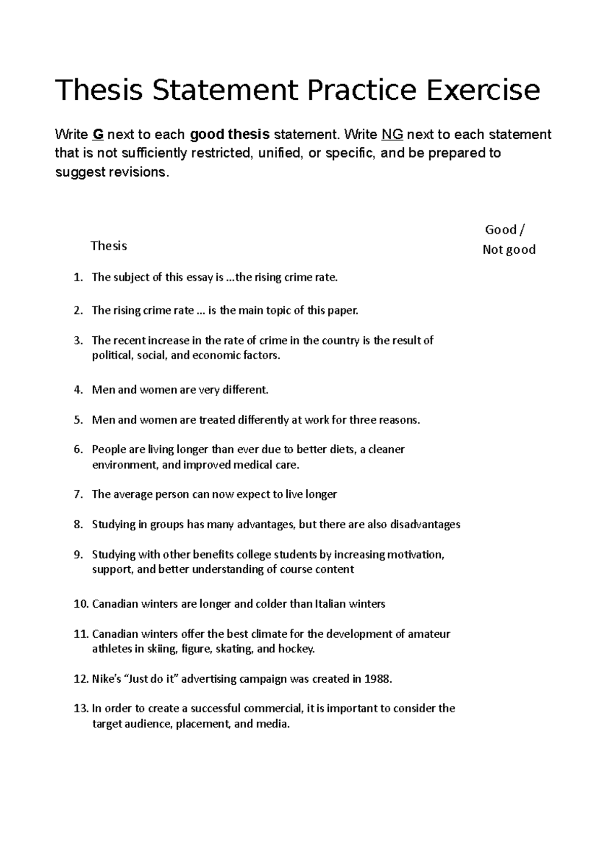 Thesis Statement Practice Exercise-2: Evaluating Good vs. NG Statements ...